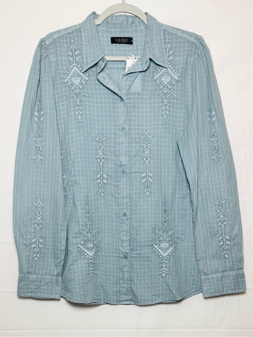 Lauren Ralph Lauren Women Pale Blue Embroidered Button-Down Cotton Shirt, Sz 16